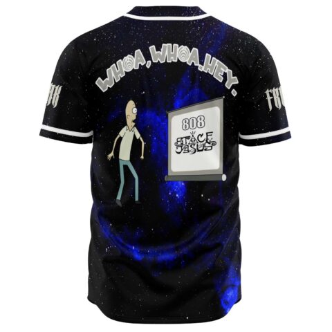 Back view of blue galaxy rave baseball jersey with cartoon man and Whoa Whoa Hey