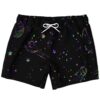 Black outer space rave swim trunks with neon planets and stars front view