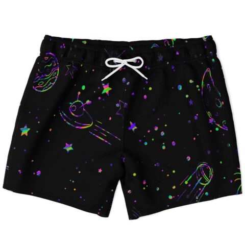 Black outer space rave swim trunks with neon planets and stars front view