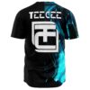 Black jersey back view with TEECEE text and cyan digital fractal print on sleeve