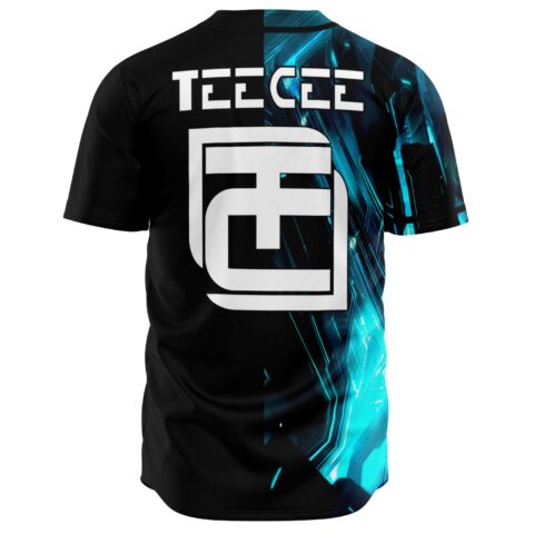 Black jersey back view with TEECEE text and cyan digital fractal print on sleeve