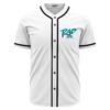White rave baseball jersey with teal brush script Rad Wear logo on chest, front view