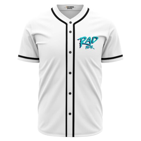 White rave baseball jersey with teal brush script Rad Wear logo on chest, front view