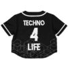 Black techno for life rave crop top, back view, geometric lettering and patterns