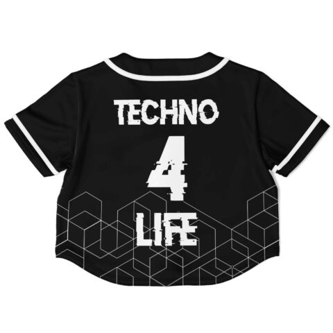 Back view of black crop jersey featuring geometric text and patterns