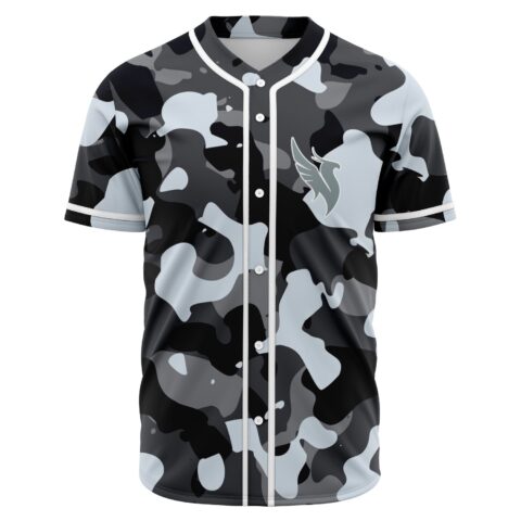 Black camouflage rave baseball jersey with wing logo on chest, front view