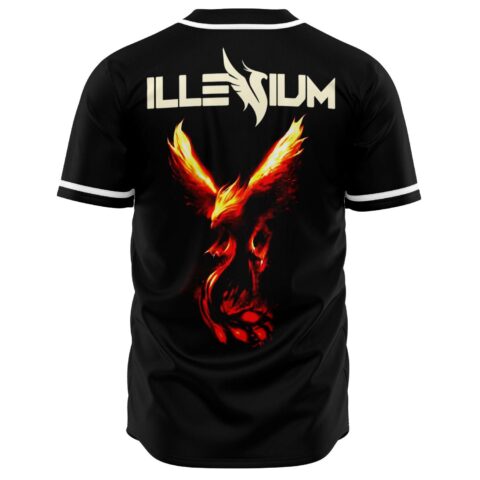 Black jersey back with fiery phoenix graphic and bold wordmark text