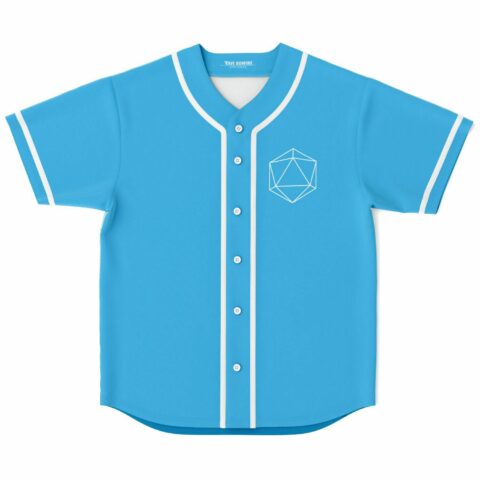Sky blue baseball jersey with white piping and geometric icosahedron outline on chest, front view