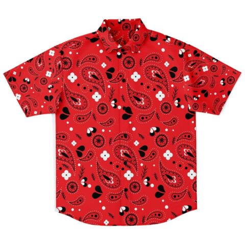 Red paisley rave button-down shirt with floral pattern, short sleeve