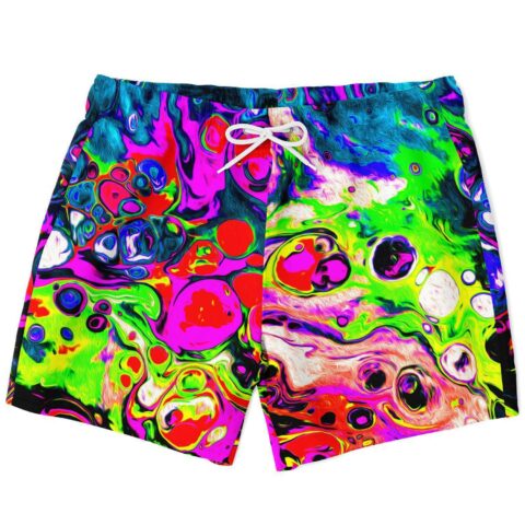 Neon acid trip swirl swim trunks with white drawstring, front view flat lay