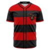 Front view of red black striped rave baseball jersey featuring clawed glove and masked face