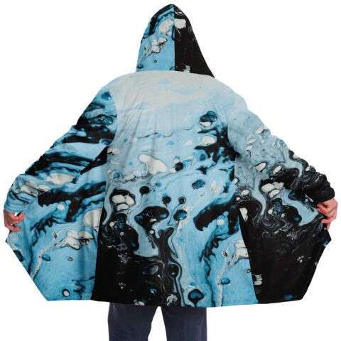 Expanded back view of the blue and black abstract water rave cloak, fully opened