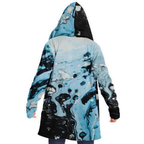 Back view of blue and black abstract water rave cloak with hood