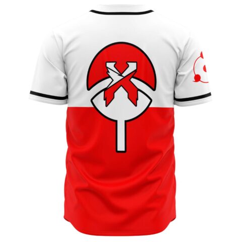 Back view of anime-inspired baseball jersey showing large red and white fan emblem on split
