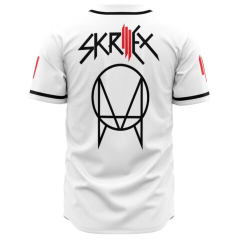 Back of white festival jersey with bold bass-inspired wordmark and matching owl emblem below collar