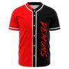 Split red and black rave baseball jersey with vertical Demons script in red, front view