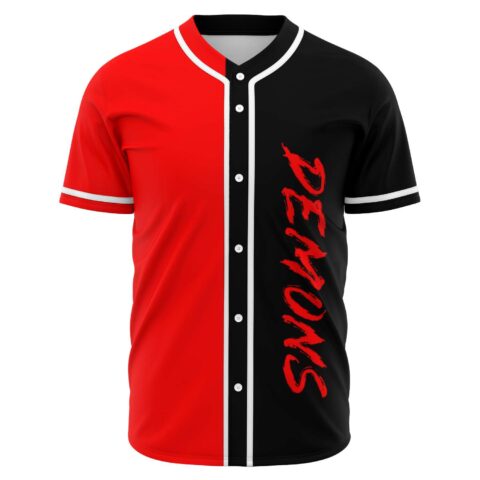 Split red and black rave baseball jersey with vertical Demons script in red, front view