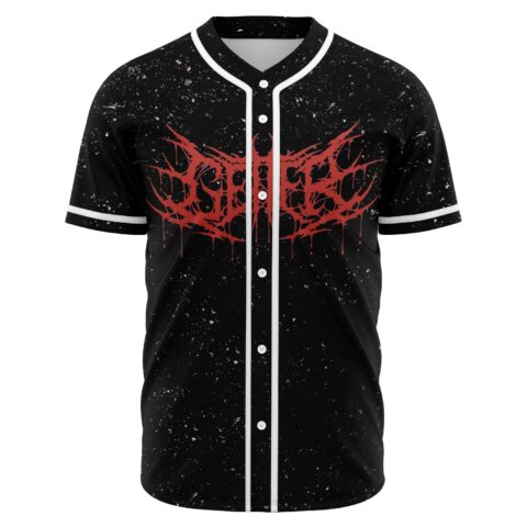 Black speckled rave jersey with dripping red death metal style logo on front