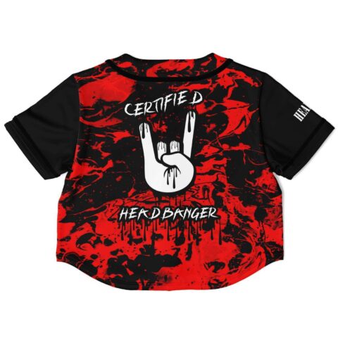Certified Headbanger text with dripping rock-hand graphic on marbled crop jersey, back print