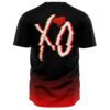 Black red ombre baseball jersey with cracked XO heart graphic across the back