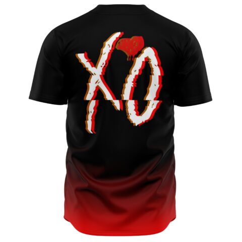 Black red ombre baseball jersey with cracked XO heart graphic across the back
