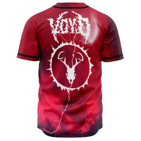 Back view of red lightning jersey featuring deer skull emblem and jagged text logo