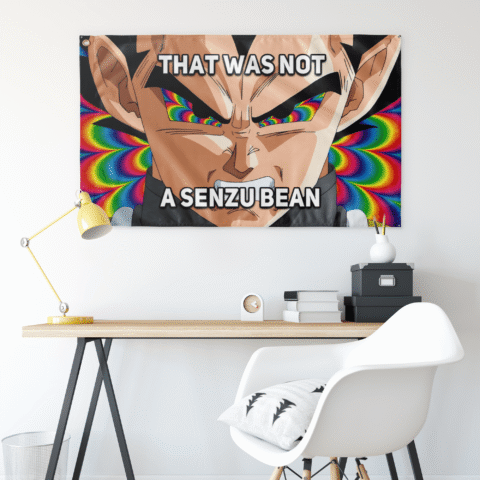 Anime-inspired rave flag with rainbow fractal design hung above a desk with lamp and chair