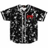 black and white abstract paint splatter baseball jersey with red zigzag heart logo flat lay