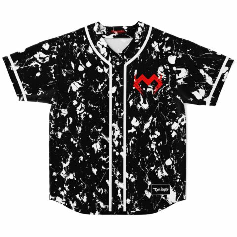 black and white abstract paint splatter baseball jersey with red zigzag heart logo flat lay