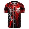 Front view red black smoky tie dye rave jersey with skull emblem, Spag Heddy script