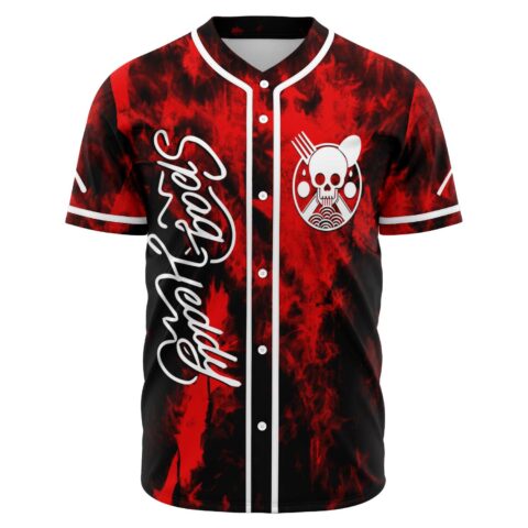 Front view red black smoky tie dye rave jersey with skull emblem, Spag Heddy script