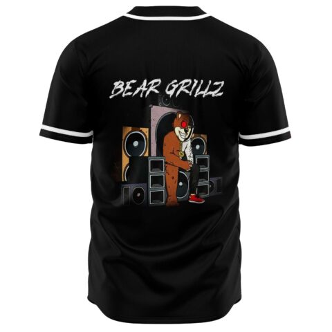 Bear Grillz text above cartoon bear DJ on speaker stack, back view of black jersey