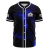 Front view of space jesus baseball jersey in black blue starfield print with mountain logo