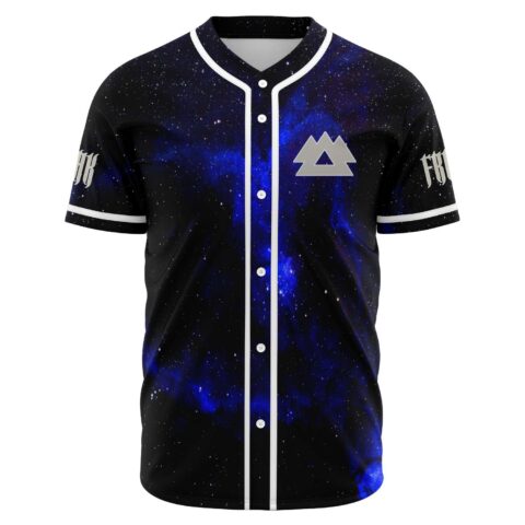 Front view of space jesus baseball jersey in black blue starfield print with mountain logo