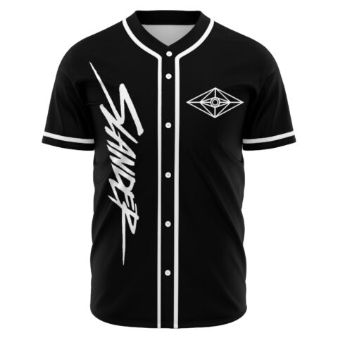 Black baseball jersey with brushstroke Slander wordmark and diamond eye logo, front view
