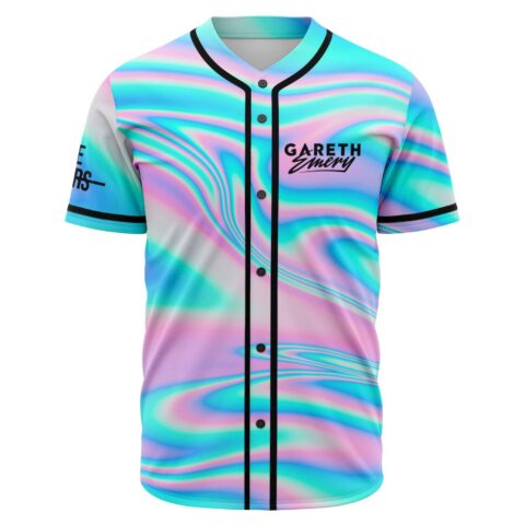 Pastel holographic swirl rave baseball jersey front view with Gareth Emery logo on chest