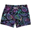 Black paisley bandana rave swim trunks with neon gradient outlines and white drawstring, front view