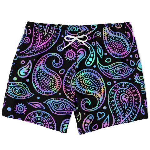 Black paisley bandana rave swim trunks with neon gradient outlines and white drawstring, front view