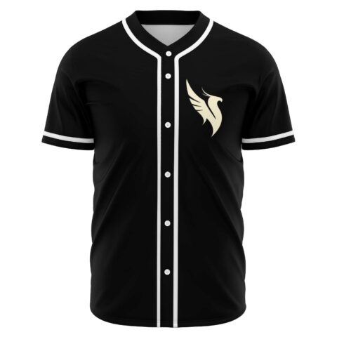 Black baseball jersey with cream phoenix wing emblem on chest, front view