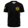 Black baseball jersey with yellow skull crossbones emblem on chest, front view