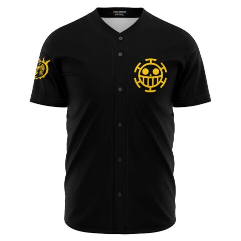 Black baseball jersey with yellow skull crossbones emblem on chest, front view