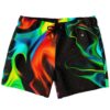 Black abstract flowing rave swim trunks with neon fire and aurora swirl print flat lay
