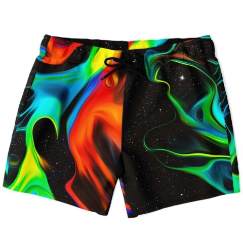 Black abstract flowing rave swim trunks with neon fire and aurora swirl print flat lay