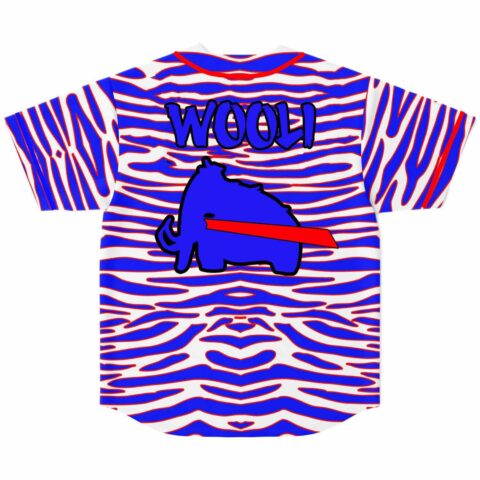 Back view of zebra print jersey showing WOOLI text above a blue mammoth graphic