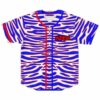 Front flat lay of red and blue zebra stripe baseball jersey with button placket