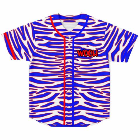 Front flat lay of red and blue zebra stripe baseball jersey with button placket