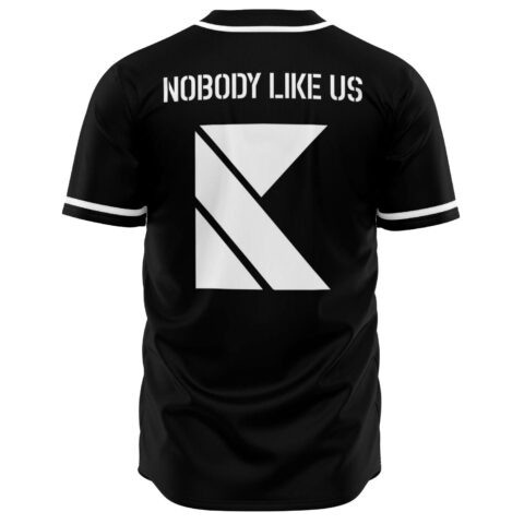 Back view of black rave jersey with NOBODY LIKE US text above a large white