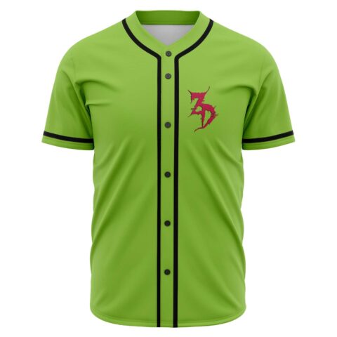 Lime green baseball jersey with red dragon-inspired 3D logo on chest, front view