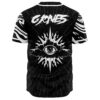 Back view of rave jersey with cosmic eye burst graphic, GONES text, swirl sleeves