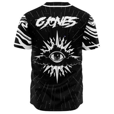 Back view of rave jersey with cosmic eye burst graphic, GONES text, swirl sleeves
